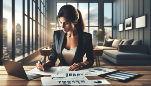 alt_text: Focused professional woman reviews financial documents in a bright, modern home office.