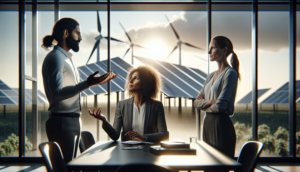 alt_text: Three diverse professionals converse earnestly in a bright, modern conference room with energy views.