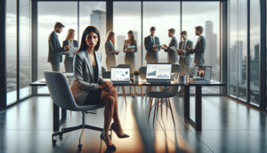 alt_text: A focused businesswoman analyzes digital marketing data in a modern, sunlit office, seated at a desk.