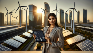 alt_text: Confident businesswoman on rooftop with city skyline, showcasing innovation in renewable energy.